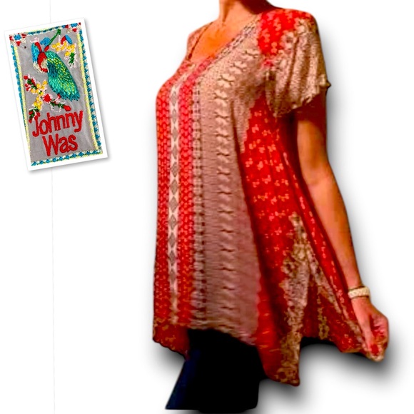 Johnny Was Embroidered Floral Print Boho Tunic Top – 100% Rayon Red & Gray Sz L - Picture 2 of 13
